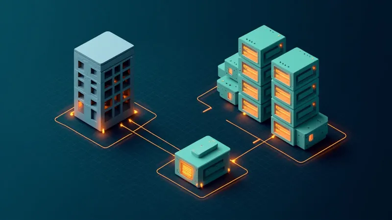 Isometric illustration: an old server tower linked through a gateway to a new modular stack