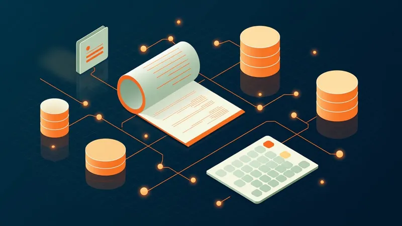 Isometric illustration: a ledger, a calculator and a deadline calendar joined into one system