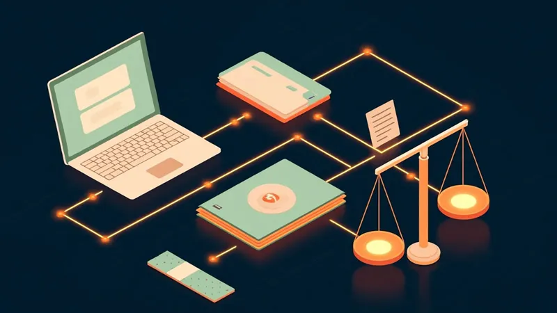 Isometric illustration: legal documents, a balance scale and a client portal joined into one system