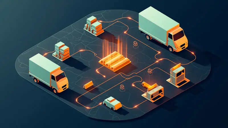 Isometric illustration: a delivery van, warehouse racks and a route map joined into one system