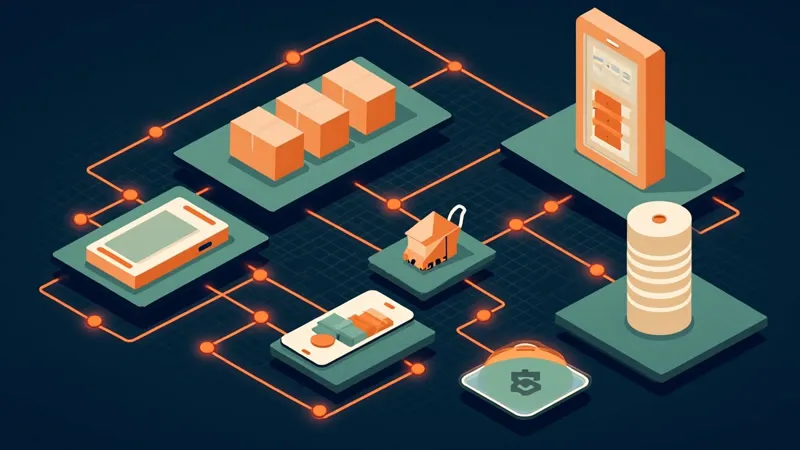 Isometric illustration: a till, shop shelves and a phone joined into one system