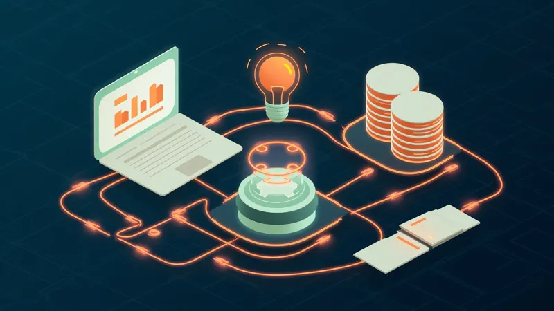 Isometric illustration: a laptop, a database stack and documents wired into one new system