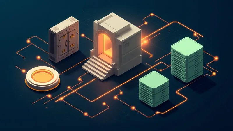 Isometric illustration: an old mainframe beside a vault, linked through a gateway to a new stack