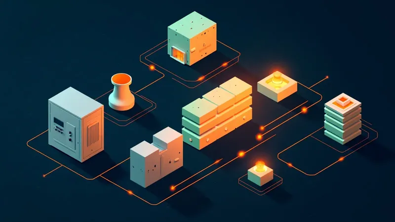 Isometric illustration: an old control cabinet beside a casting ladle, linked through a gateway to a new stack