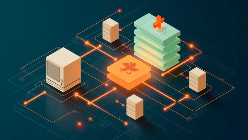 Isometric illustration: an old computer and records cabinet linked through a gateway to a new stack