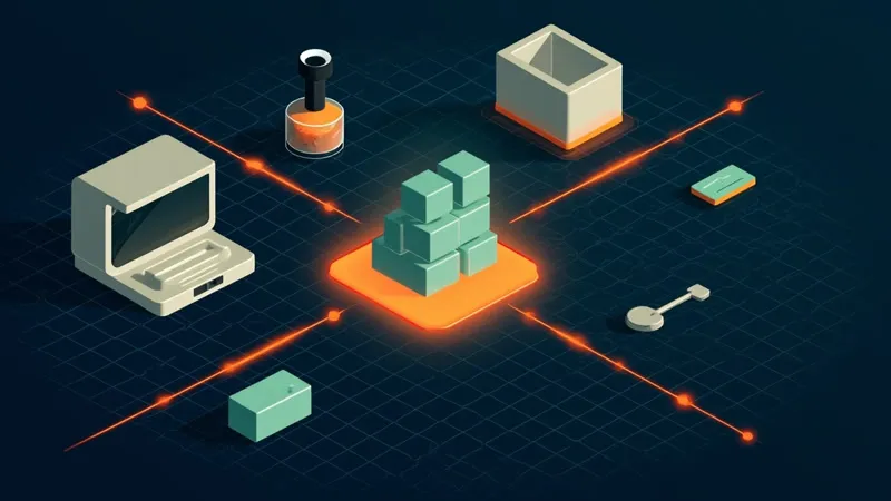 Isometric illustration: an old front-desk computer linked through a gateway to a new stack