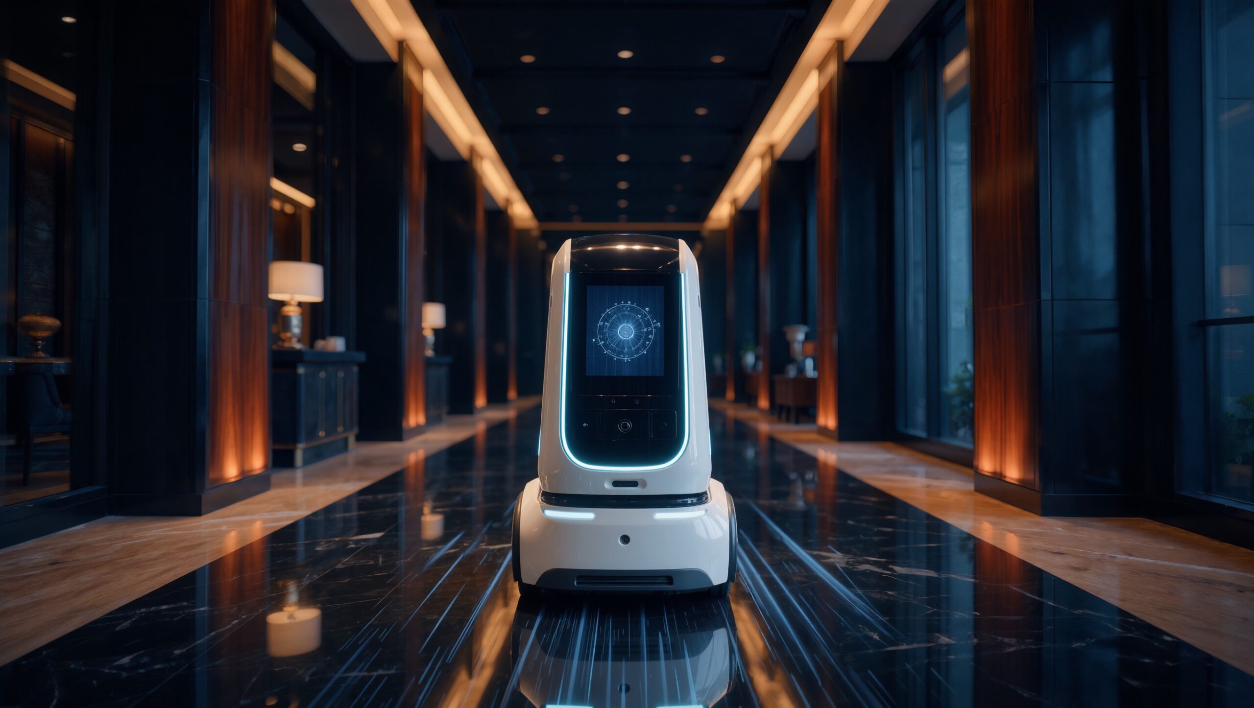 An autonomous service robot delivering along a hotel corridor