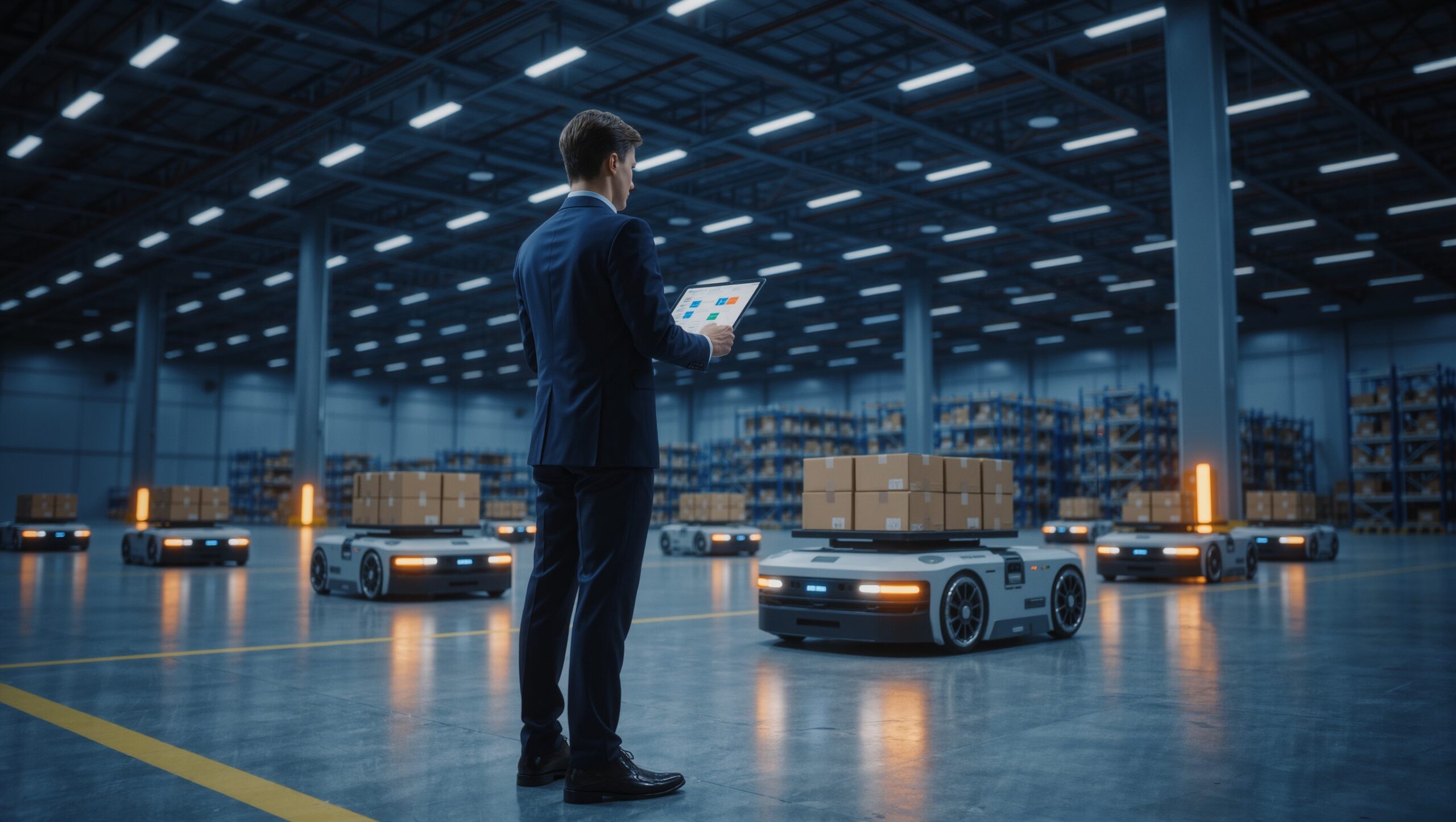 Autonomous mobile robots moving goods in a warehouse while an engineer monitors the fleet