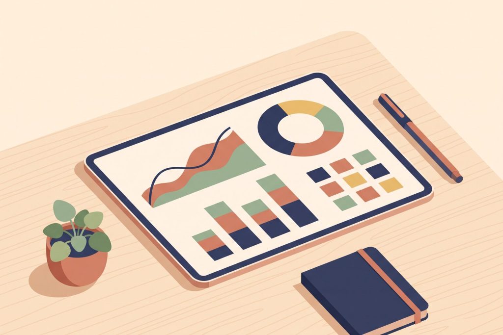 Illustration of a tablet showing an analytics dashboard with charts
