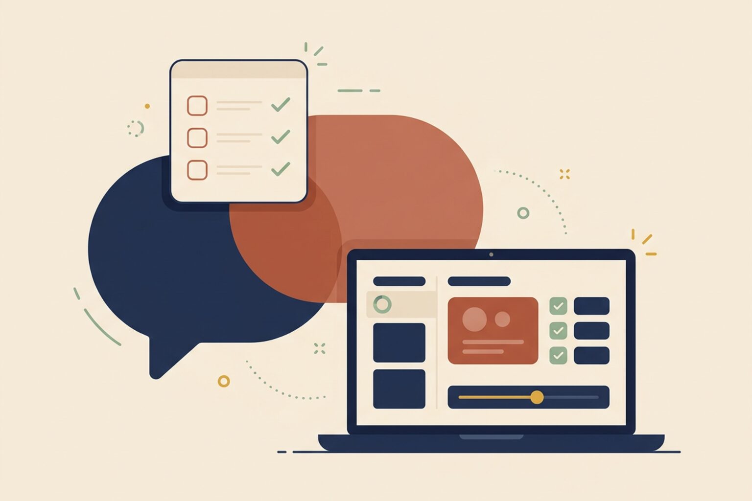 Illustration of client collaboration: speech bubbles, a checklist and a laptop review screen