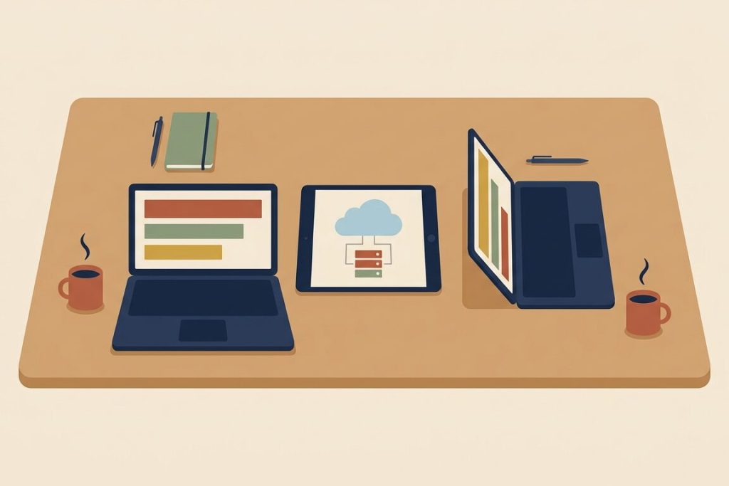 Illustration of a workshop table with laptops and a tablet showing a cloud diagram