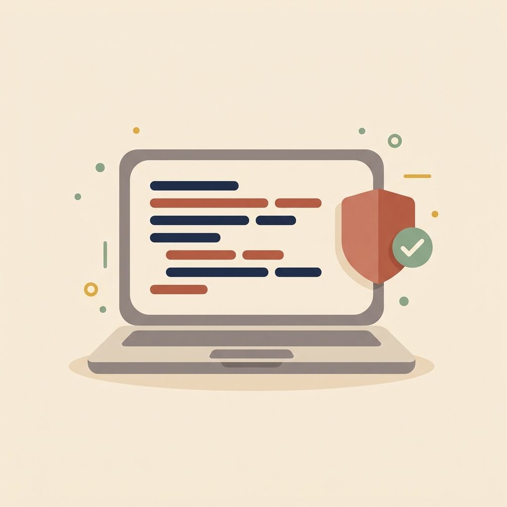 Illustration of code quality: a laptop with code, a shield and a tick