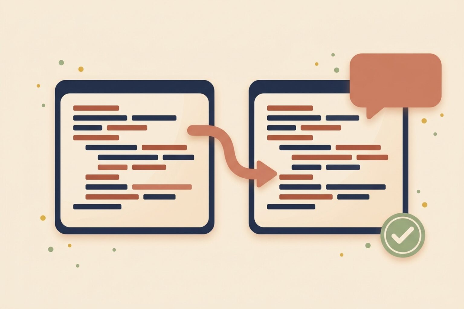 Illustration of a code review: two code windows compared, with a comment and a tick