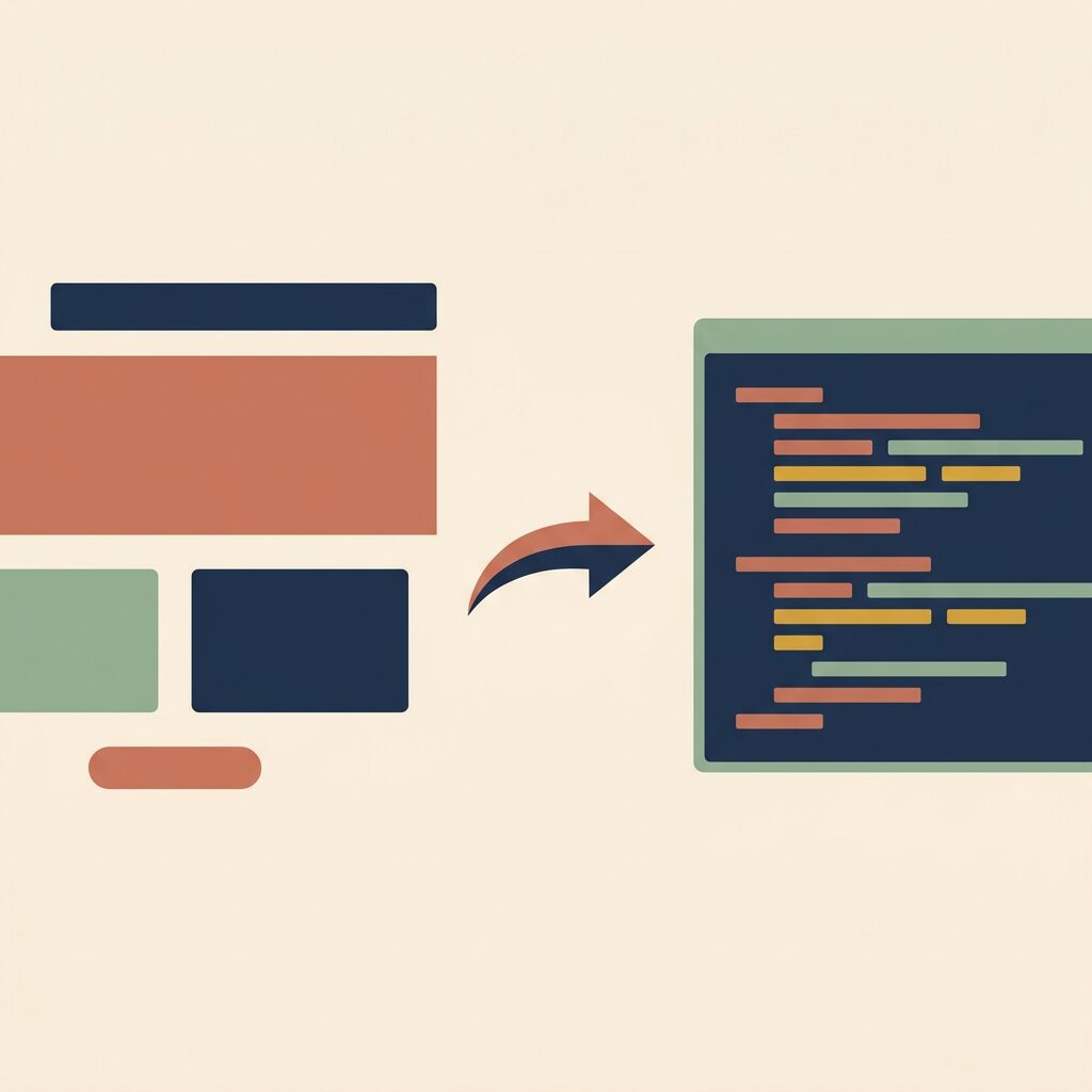 Illustration of a web page design turning into code