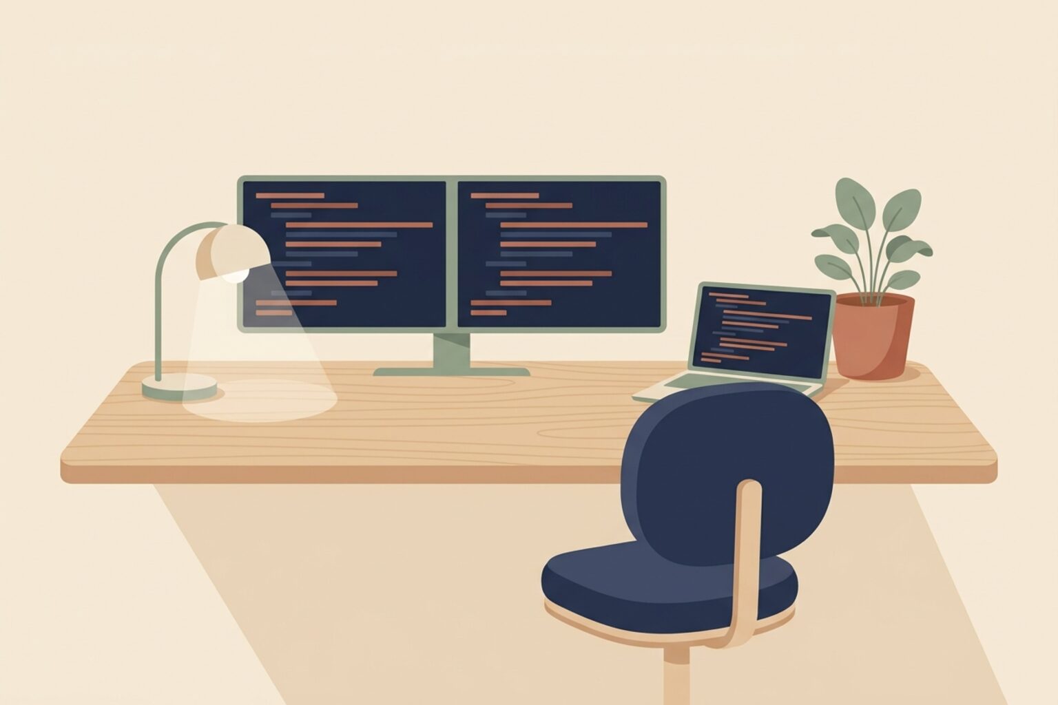 Illustration of a developer desk with two monitors showing code