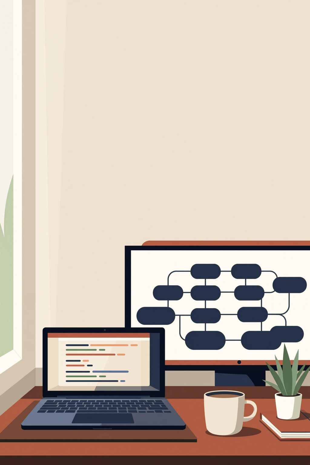 Illustration of a developer workspace: a laptop showing code and a monitor showing a system architecture diagram