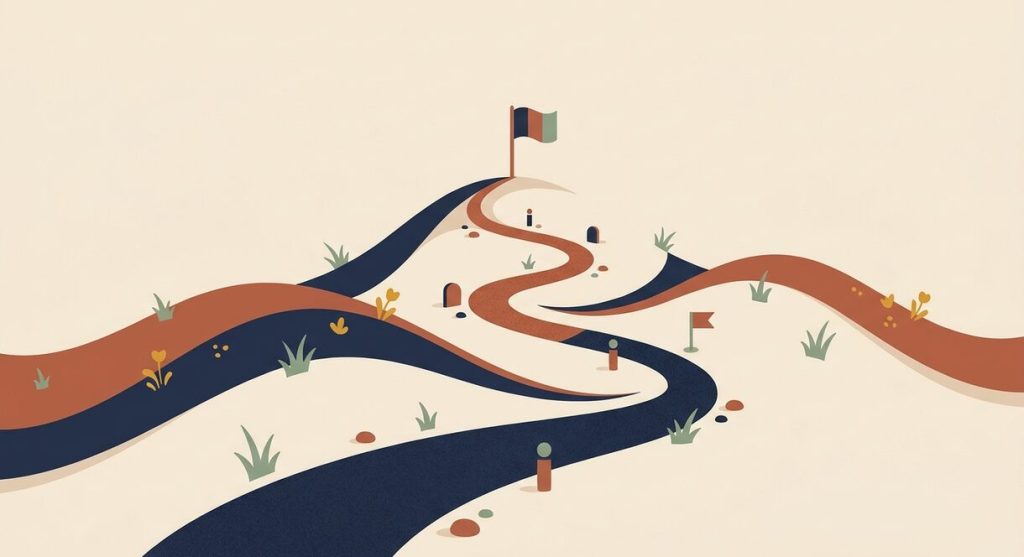 Illustration of a winding path rising to a flag, representing a growth journey