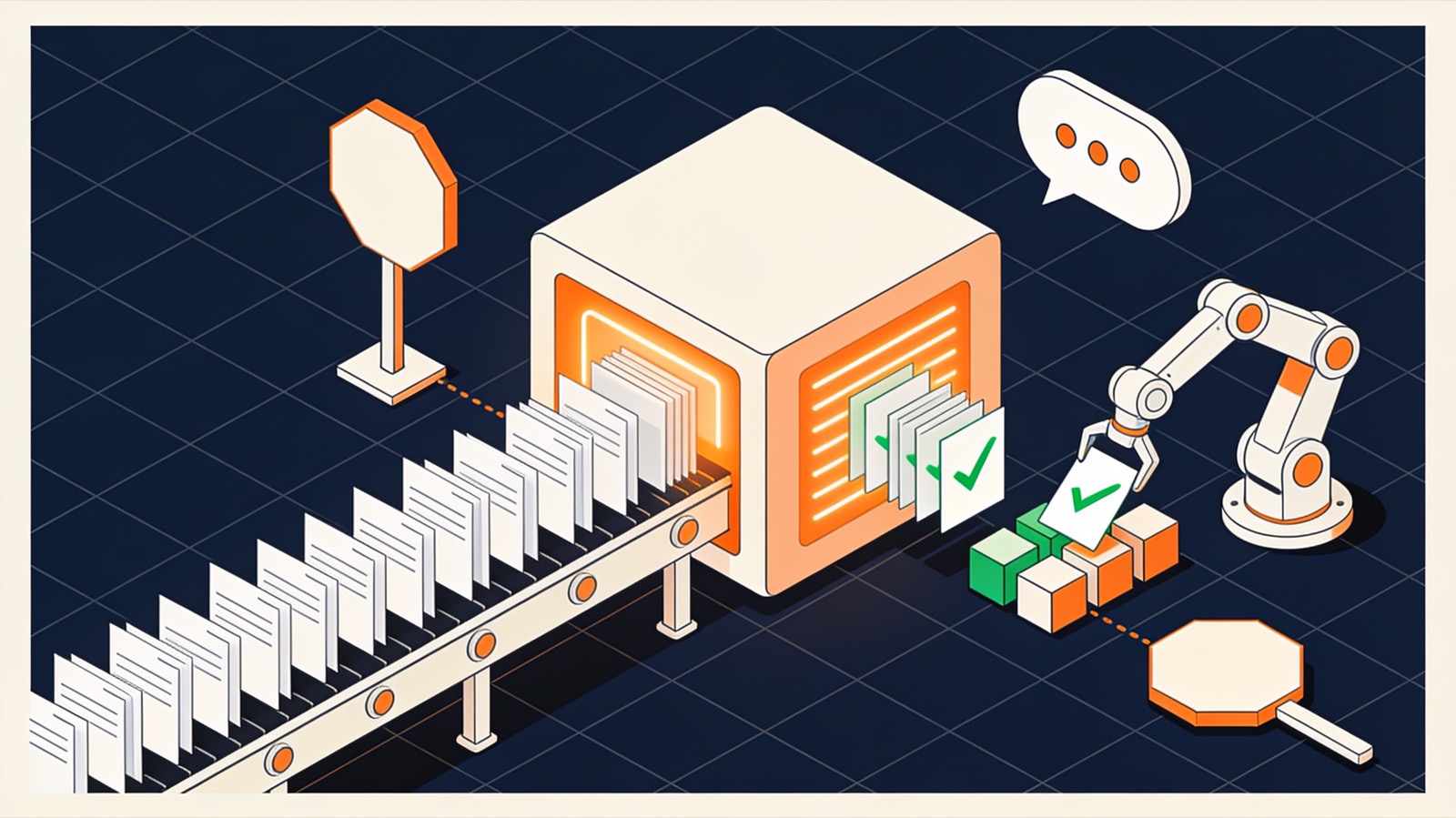 Isometric illustration of documents flowing through a processor into sorted cards, a robot arm and a human-review paddle