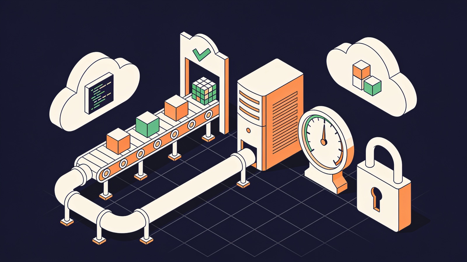 Isometric illustration of clouds holding servers and a pipeline moving code through a check gate to a running server