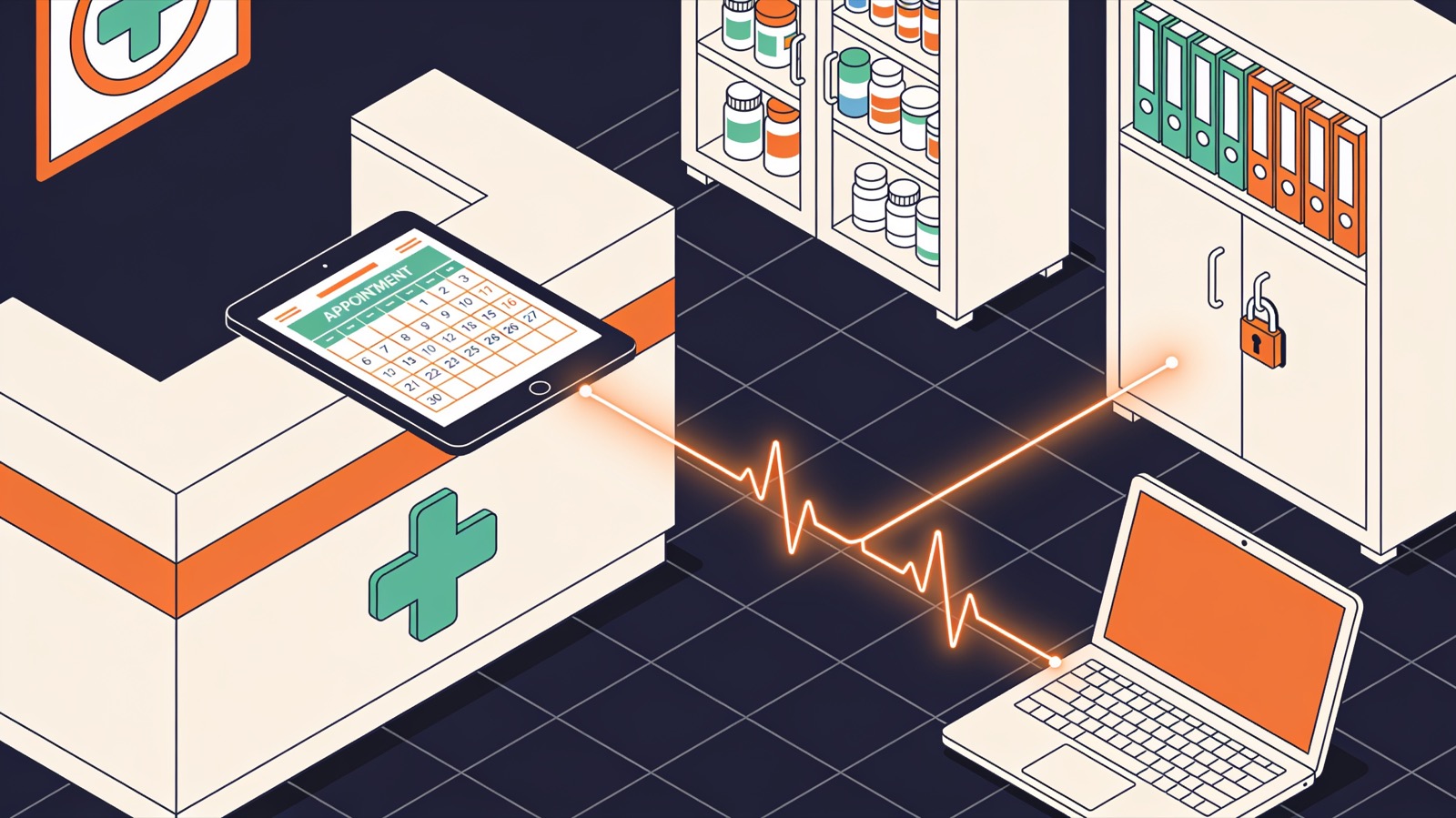 Isometric illustration of a reception desk, an appointment calendar tablet, a locked records cabinet and a laptop