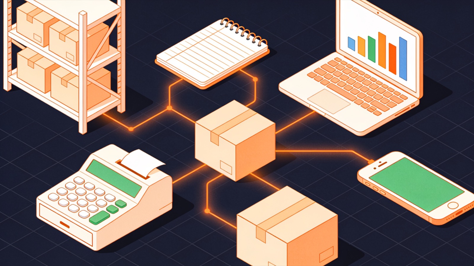 Isometric illustration of a shop till, warehouse shelf, ledger, laptop dashboard and phone joined into one network