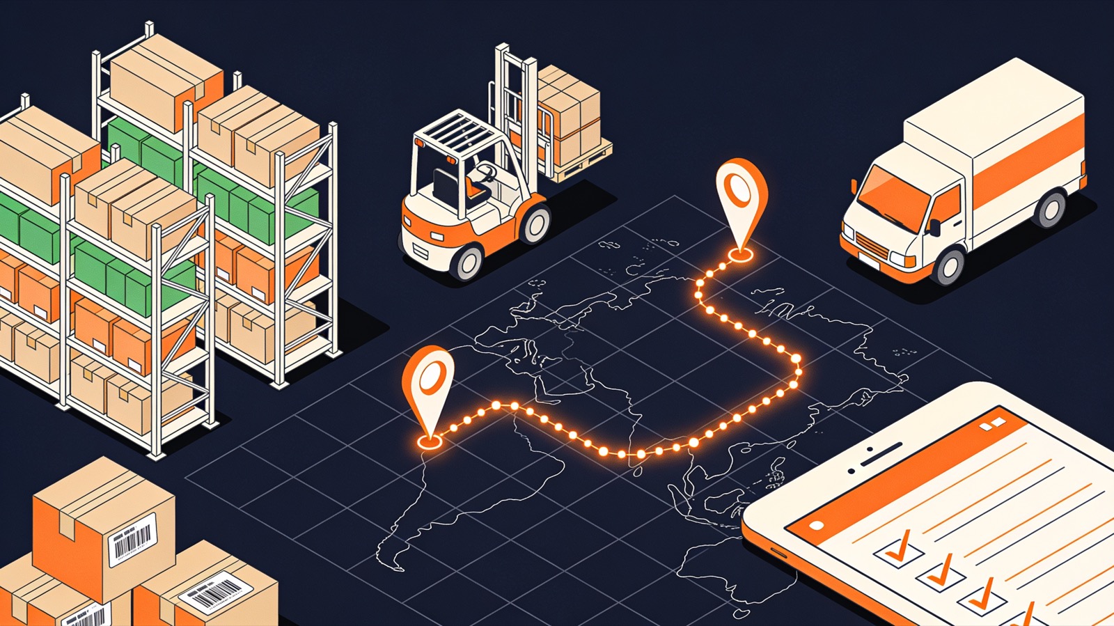 Isometric illustration of a warehouse, forklift, delivery van and a dotted route across a map with pins