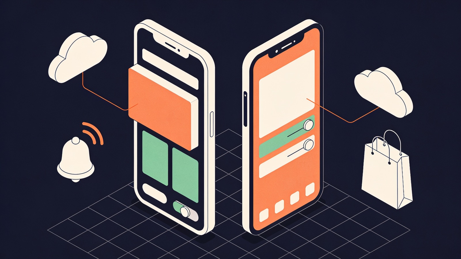 Isometric illustration of two smartphones with simple app screens connected to a small cloud