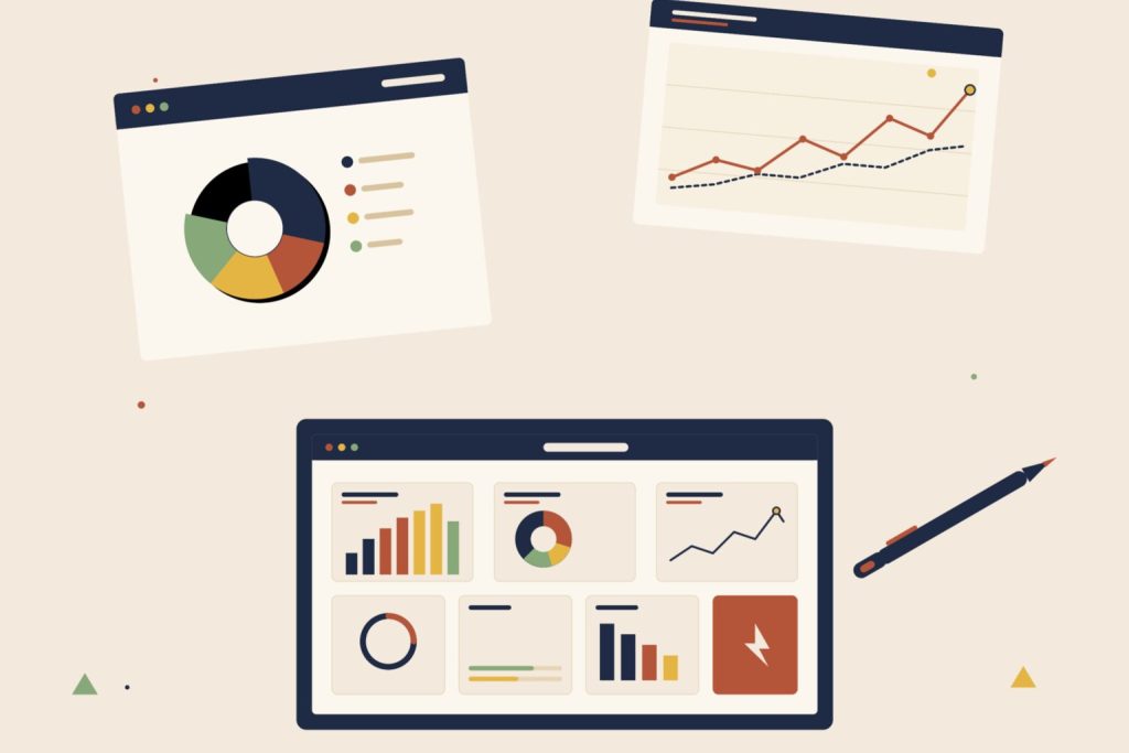 Illustration of a desk with marketing charts and a dashboard on a laptop