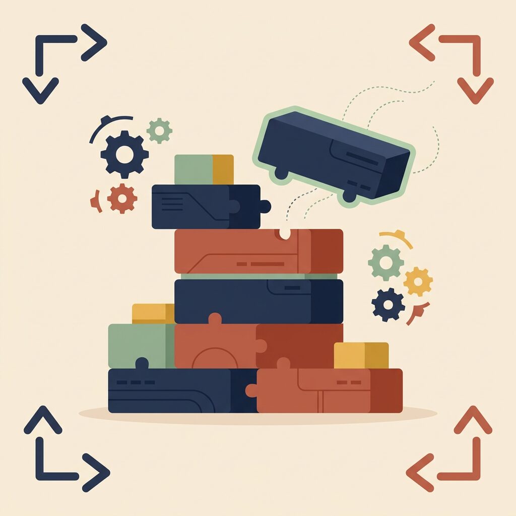 Illustration of building blocks snapping together, representing a modular delivery team