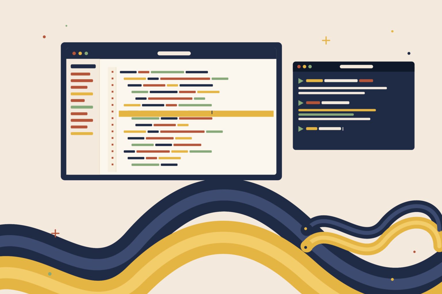 Illustration of Python development: a laptop with a code editor and a terminal