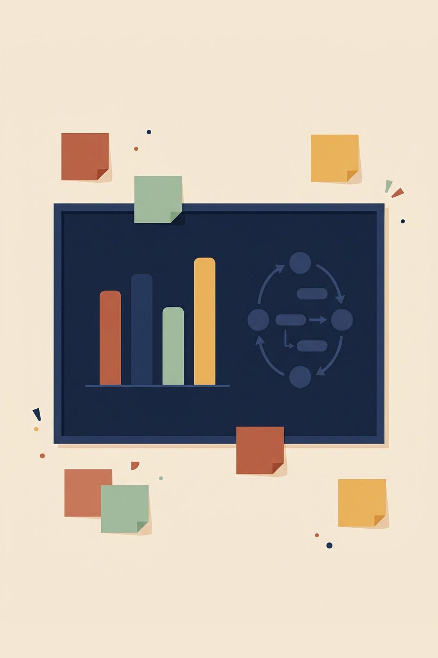 Illustration of business analysis: a board with a bar chart and a flow diagram