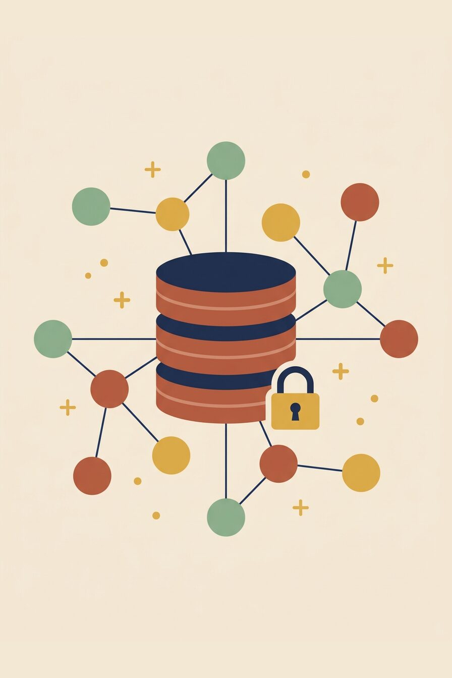 Illustration of data administration: a secured database with connected nodes