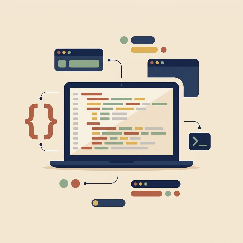 Illustration of software development: a laptop with a code editor