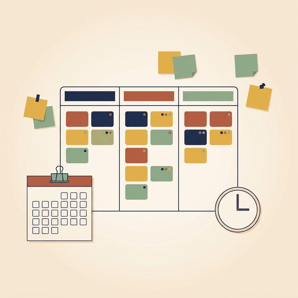 Illustration of project management: a kanban board, a calendar and a clock