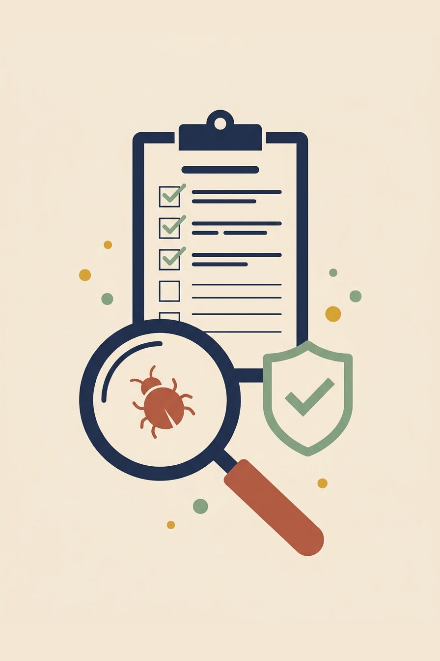 Illustration of quality assurance: a checklist, a magnifying glass on a bug and a shield