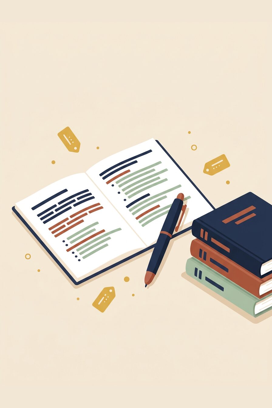 Illustration of technical writing: an open document, a pen and manuals