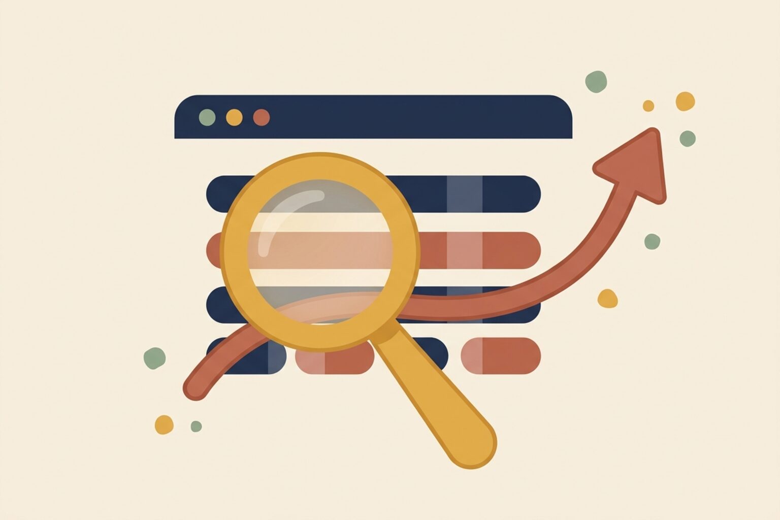Illustration of search optimisation: a magnifying glass over search results and a rising arrow