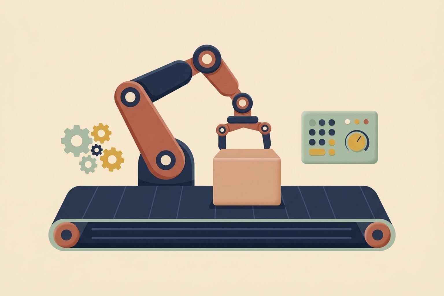 Illustration of a robotic arm on an assembly line