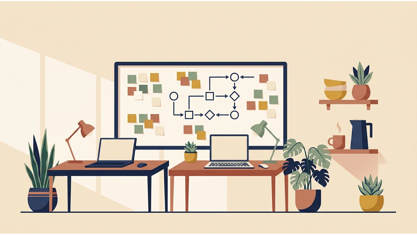 Illustration of a studio workspace with desks, laptops and a planning whiteboard