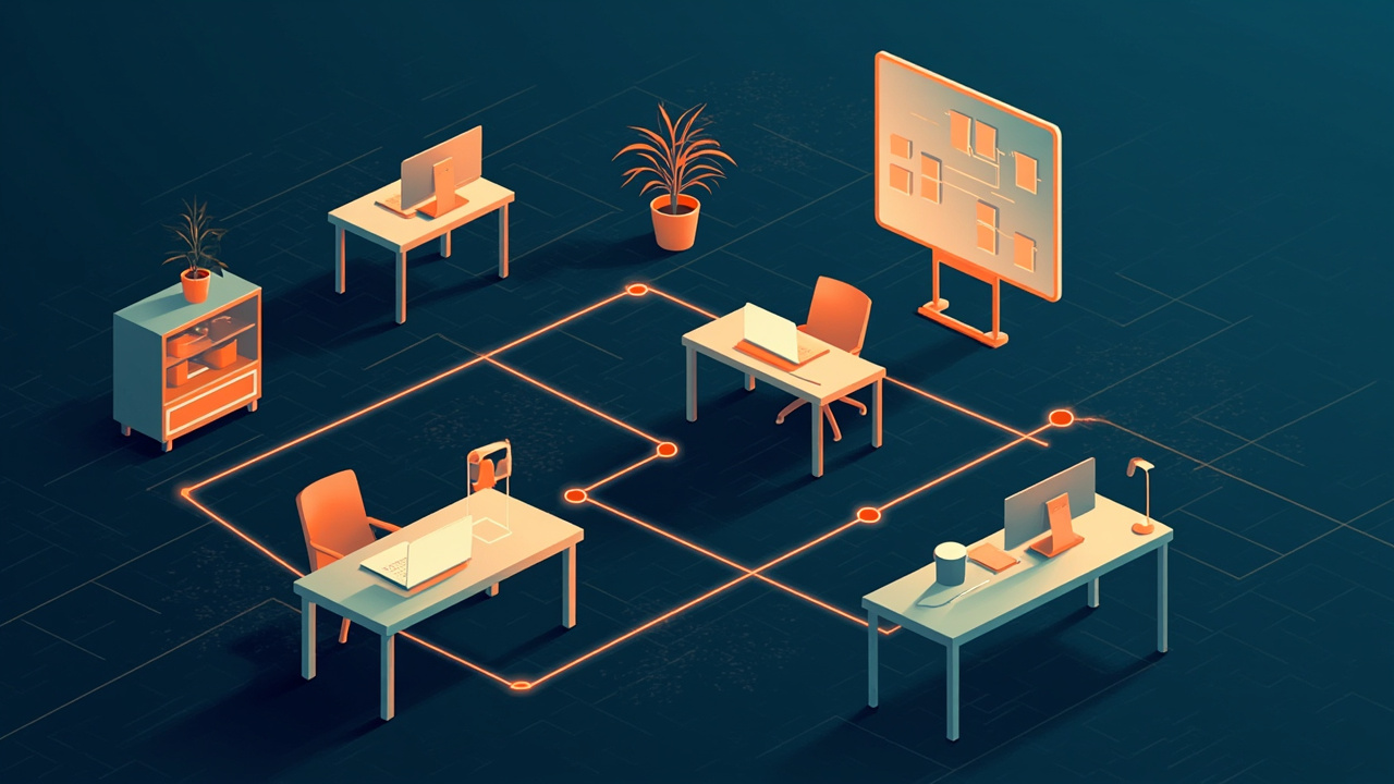 Isometric illustration of a small engineering workshop: desks with laptops, a whiteboard, a bookshelf and a plant joined by glowing lines