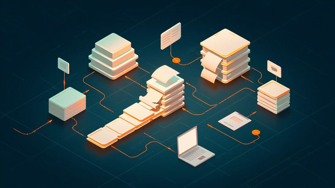 Isometric illustration of documents flowing on a conveyor through a processor block into sorted trays, a laptop and a clipboard