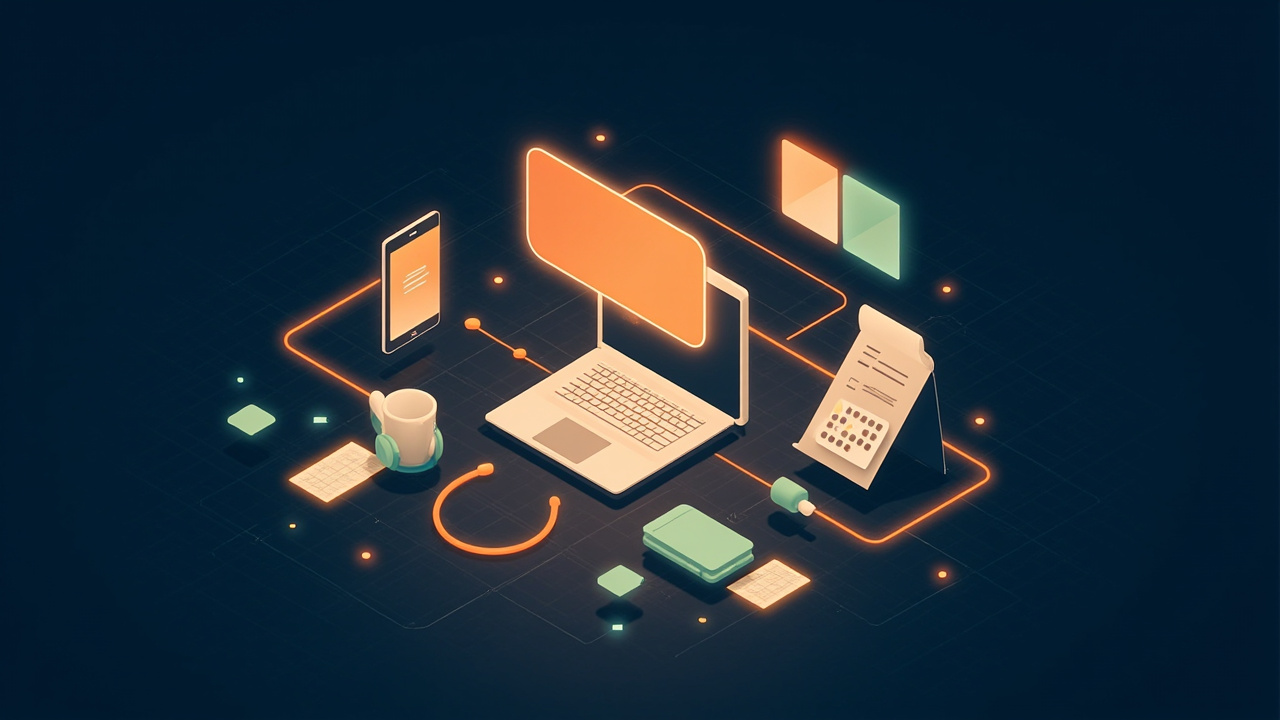 Isometric illustration of a glowing speech bubble above a laptop, a phone, a headset and a calendar grid