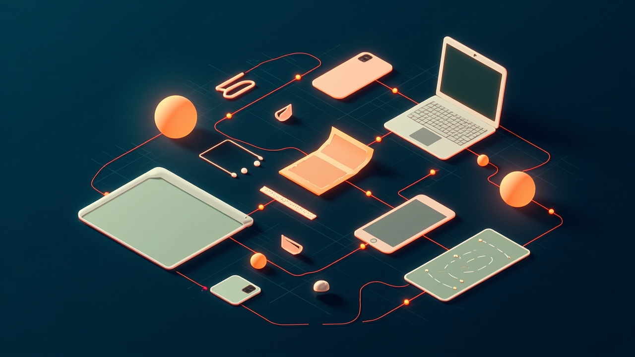 Isometric illustration of a phone, a tablet and a laptop on a drafting table with layout cards and a ruler