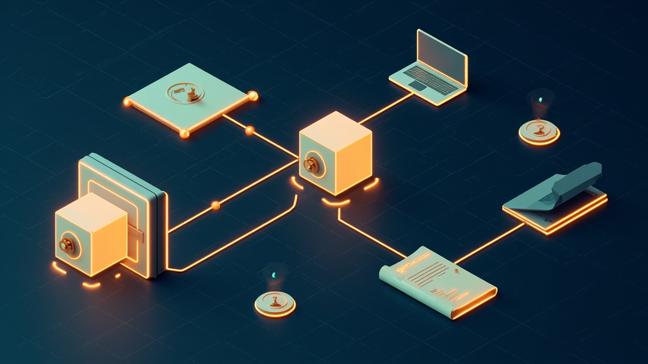 Isometric illustration of a chain of glowing cubes, a vault door, a contract scroll with a seal and a laptop