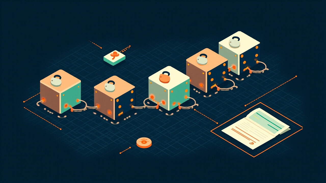 Isometric illustration of a chain of padlocked blocks linked together, a token and a signed record in a frame