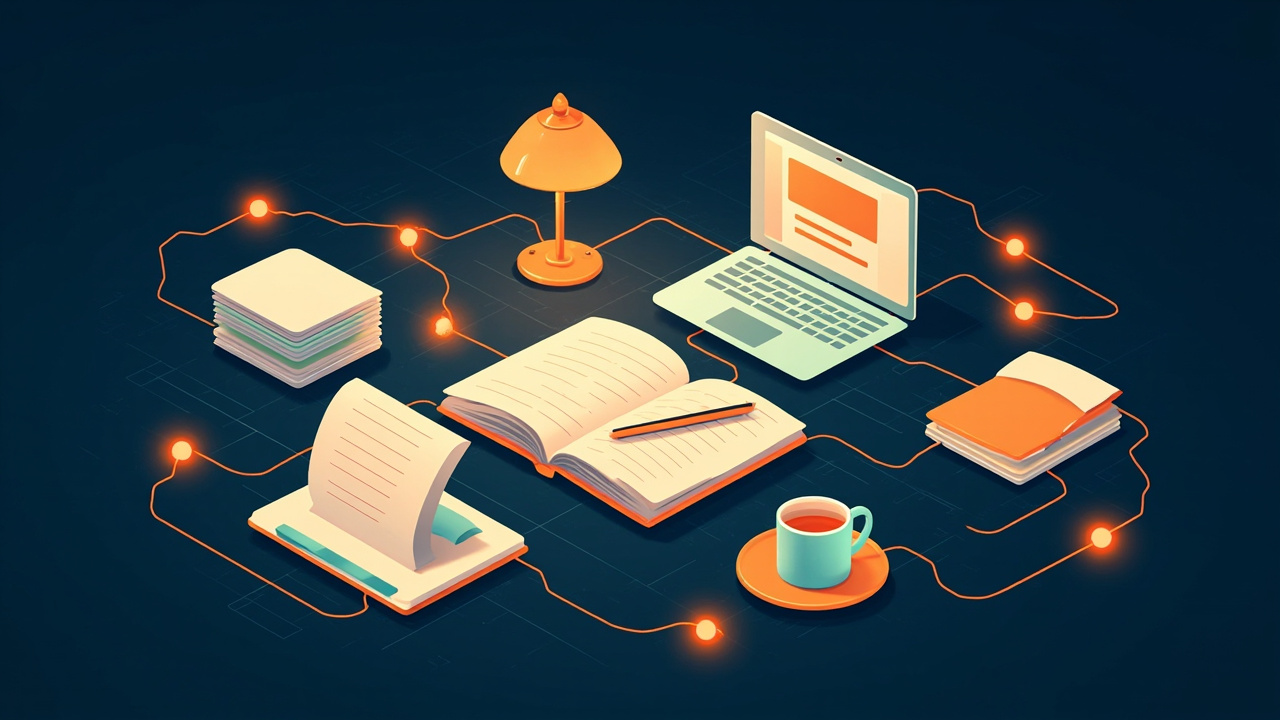 Isometric illustration of an open notebook, a pen, index cards, a lamp, a coffee cup and a laptop joined by glowing lines