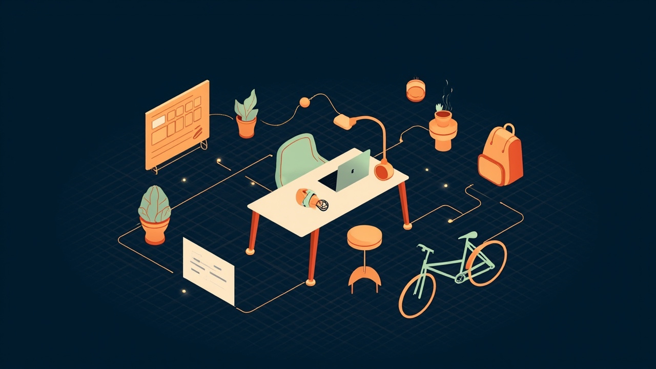 Isometric illustration of a desk with a laptop and headphones, a chair, plants, a coffee cup, a backpack and a bicycle
