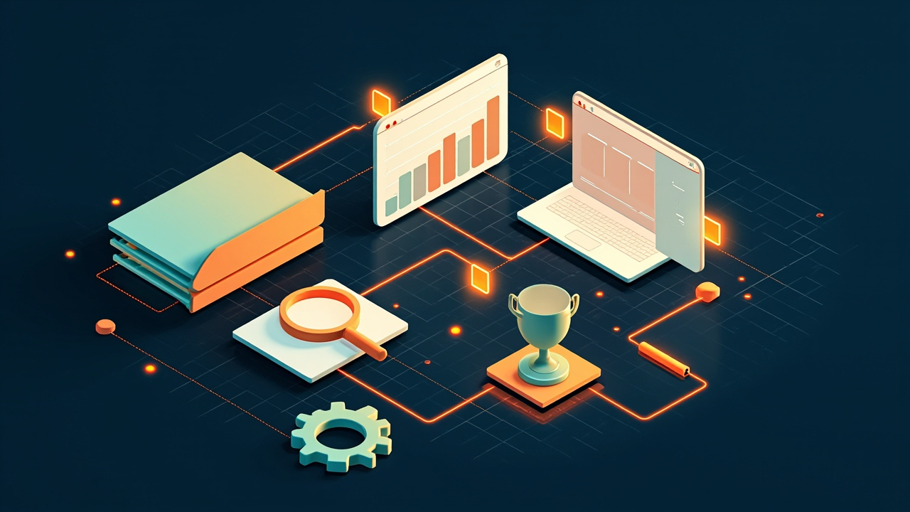 Isometric illustration of folders, a magnifying glass over a bar chart, two browser windows, a gear and a cup joined by glowing lines
