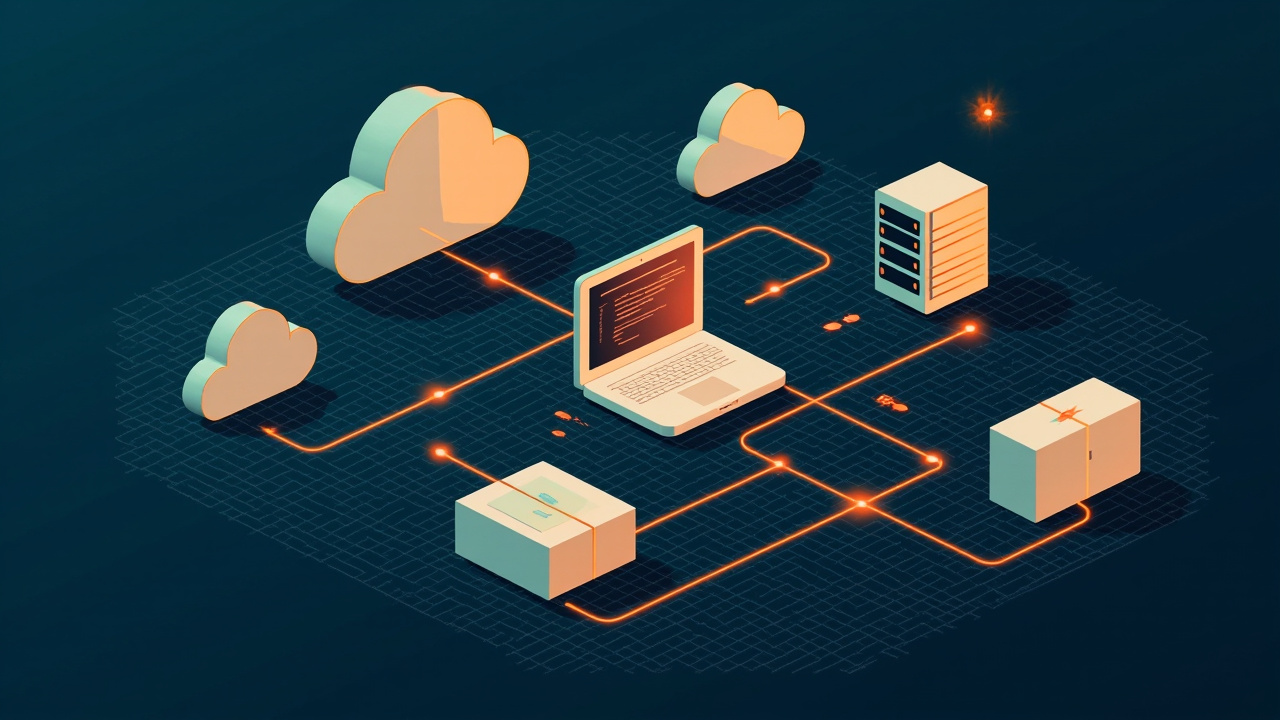 Isometric illustration of cloud platforms carrying code-block windows and server blocks, a pipeline into a laptop