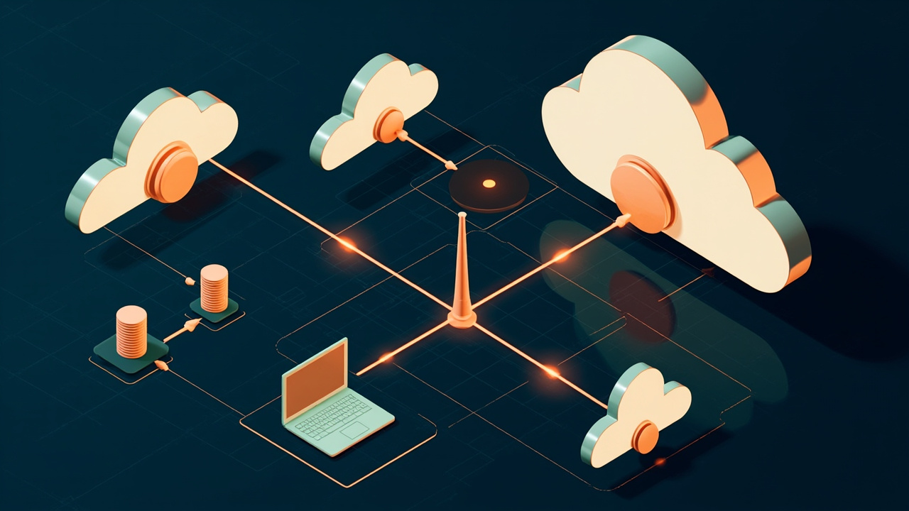 Isometric illustration of clouds holding servers, storage cylinders and a scale with weights, a laptop below